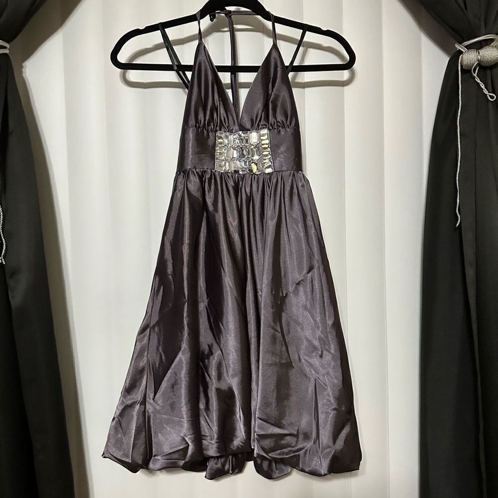 Jessica McClintock pewter with rhinestones accent , halter tie, shimmer , knee l